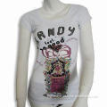 Cotton and Spandex Women's T-shirt with Cap Sleeves, Pigment Print and Rhinestone